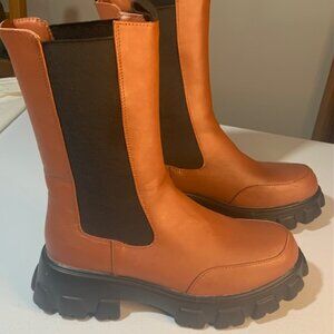 Bamboo Women's Cognac and Black Chunky Combat Lug Sole Boots - Size 10